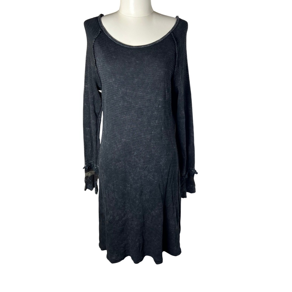 Able Made in USA Black Waffle Knit Lace Trim Long Sleeve‎ Dress Women's Medium